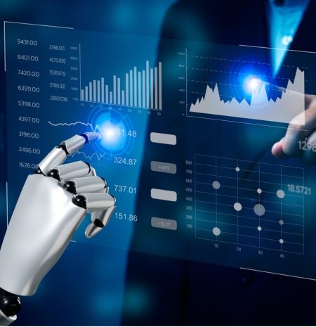 Business 3D rendering artificial intelligence AI robot dashboard Big data diagram graph virtual screen. economic analysis and investment finance and marketing business intelligence (BI) concept.